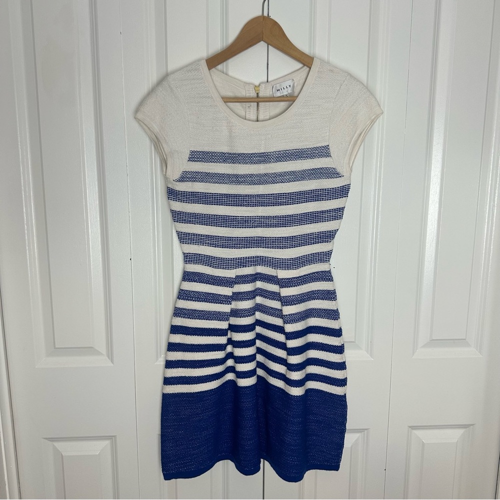 MILLY Cap Sleeve White/Blue Stripe Knit Sheath Dress